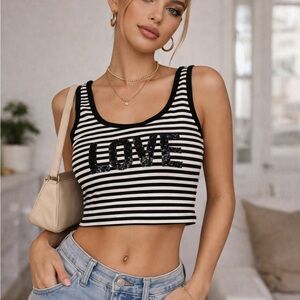 Express Black & White Striped Sequin 'LOVE' Cropped Tank